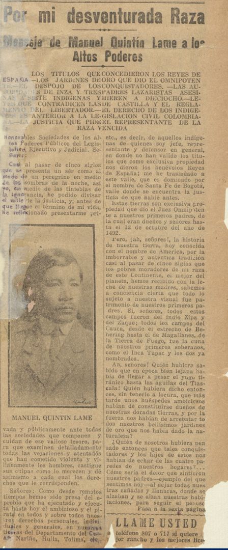 Por mi desventurada raza. Mensaje de Manuel Quintín Lame a los Altos Poderes