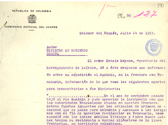 Informe de la Comisaría Especial de Arauca sobre el "problema indígena”. 